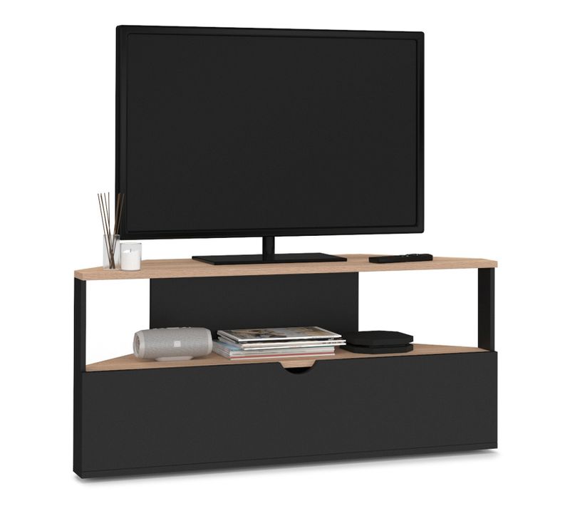 Meuble TV 100 Cm D'angle Eli Bois Façon Hêtre Et Noir