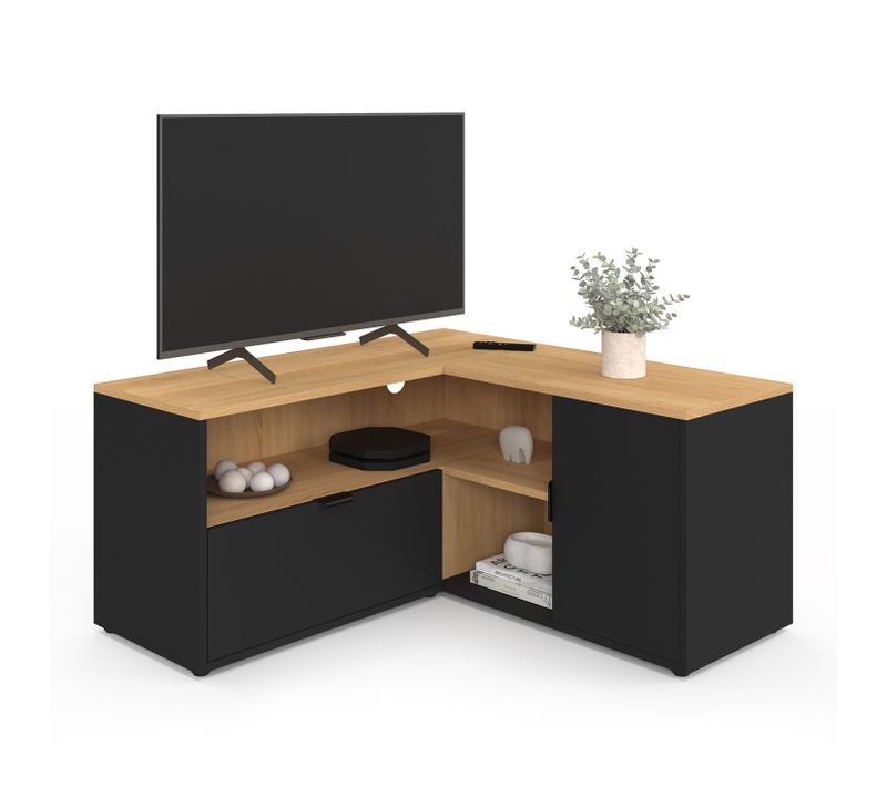 Meuble TV 90 X 90 Cm D'angle Baltazar Façon Hêtre Et Noir