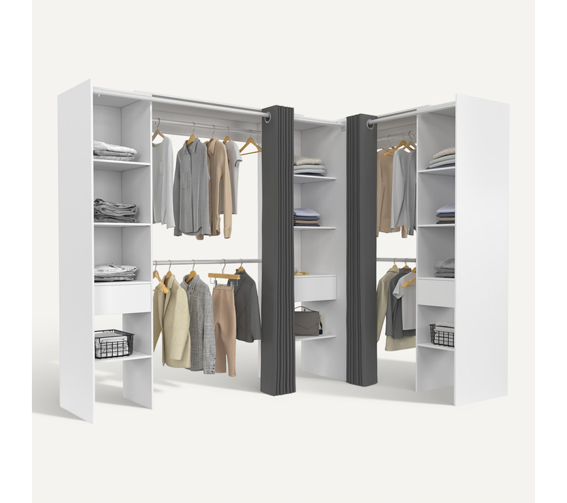Dressing Extensible D'angle Marlon 230 X 140 X 180 Cm Blanc Avec Penderies + étagères + Rideaux Gris