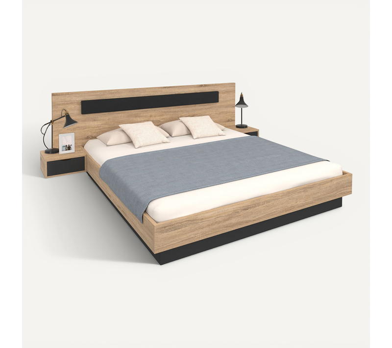 Lit Double Santa Avec Tête De Lit + Tables De Chevet Intégrées Et Sommier 180 X 200 Cm Bois Et Noir
