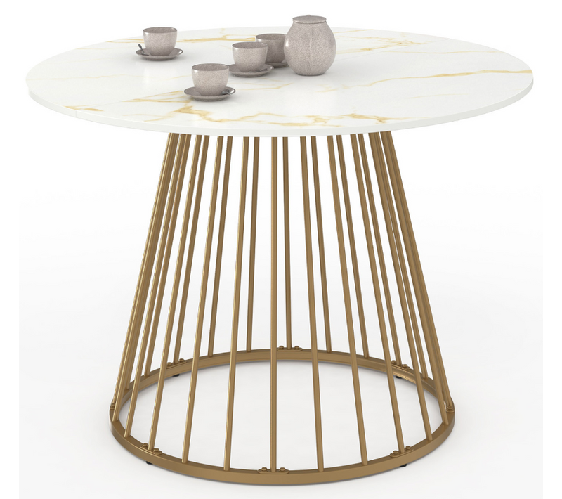 Table à Manger Ronde Yuna 6 Personnes Pied Filaire Laiton Et Plateau Effet Marbre Blanc Alaska 110