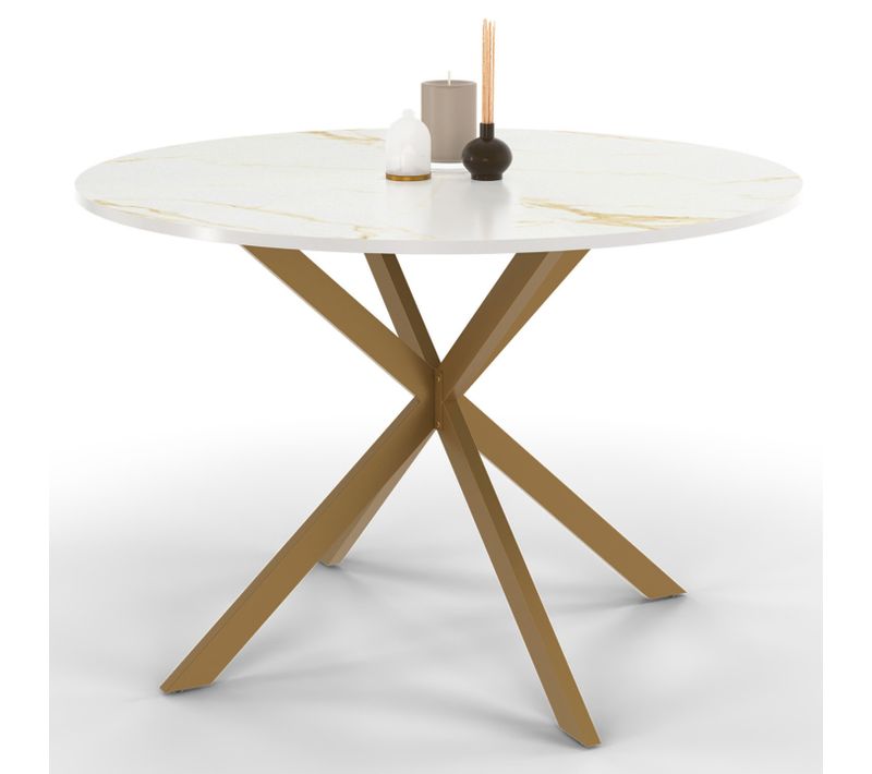 Table à Manger Ronde Alix 6 Personnes Pied Araignée Laiton Et Plateau Effet Marbre Doré Alaska 110 C