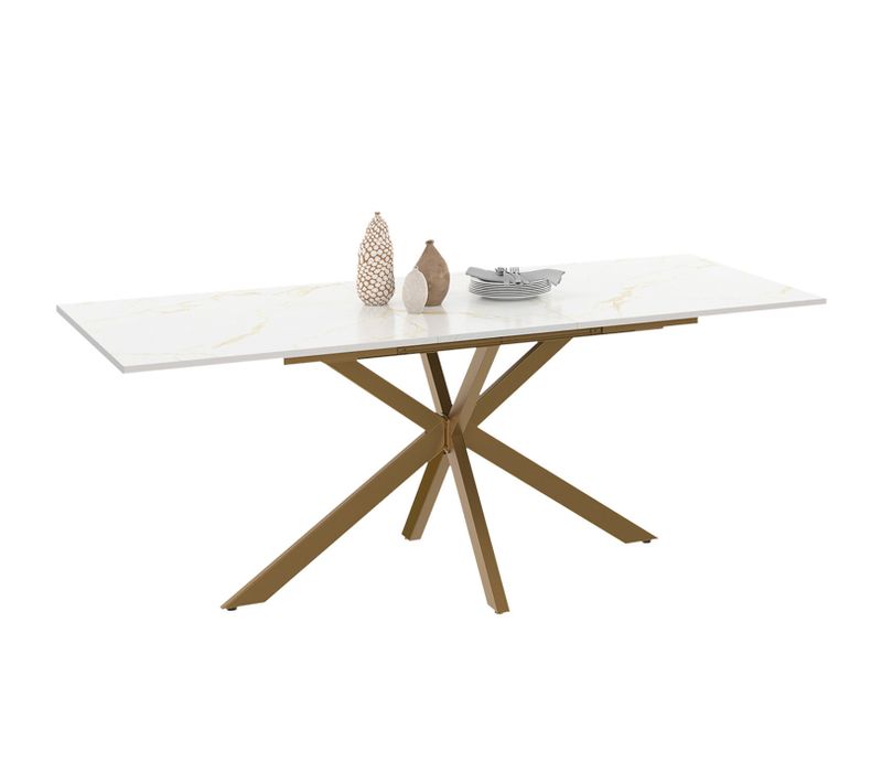Table à Manger Extensible Rectangle Alix 6-10 Personnes Pied Araignée Laiton Plateau Effet Marbre Do