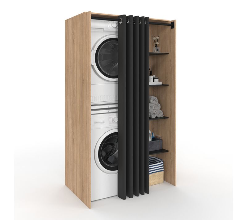 Meuble De Buanderie Double Machine à Laver Avec Rideau Coulissant Wallis Bois Façon Hêtre Et Noir