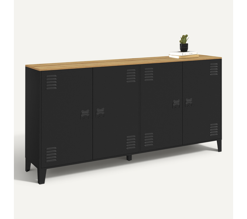 Buffet 160cm Ester 4 Portes En Métal Noir Plateau Bois Design Industriel