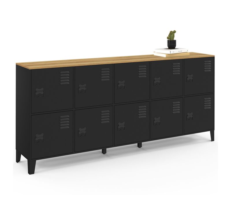 Buffet Casier 180 Cm Ester 10 Portes En Métal Noir Plateau Bois Design Industriel