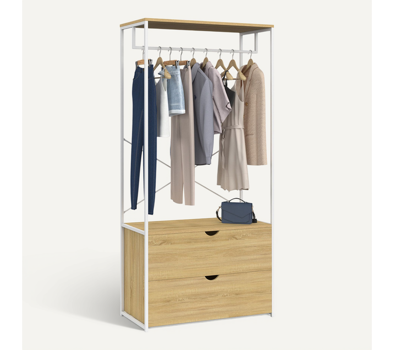 Dressing Penderie 2 Tiroirs L. 80 Cm Detroit Design Industriel Bois Et Métal Blanc