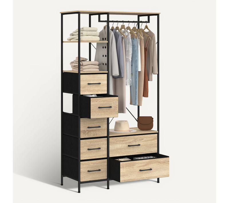 Dressing Penderie + Colonne L. 90 Cm Utah Avec 1 étagère Et 7 Bacs En Tissu Bois Et Noir