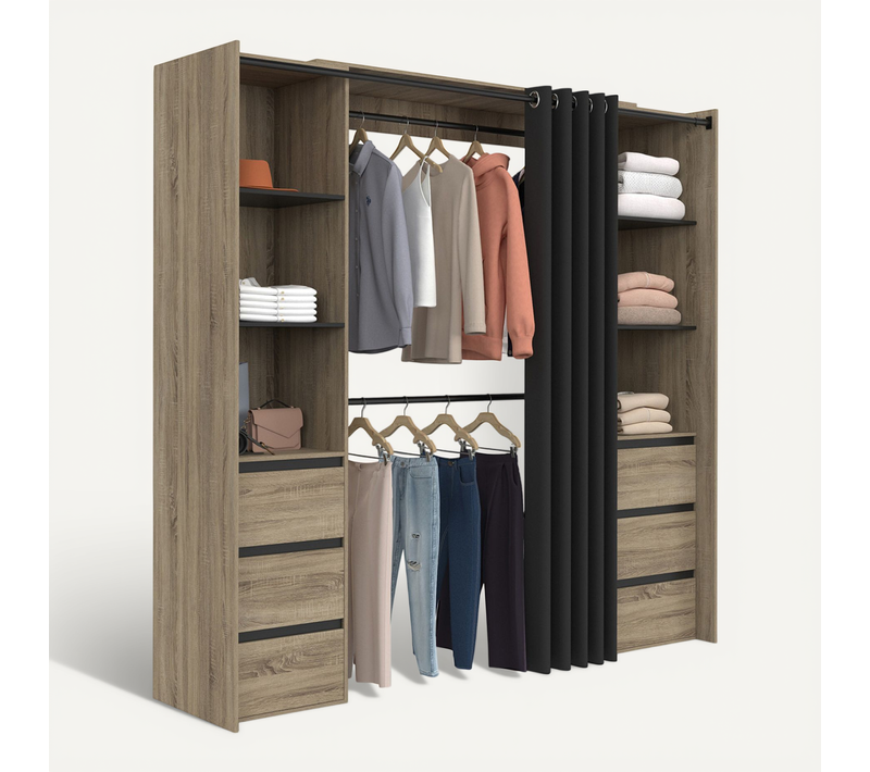 Dressing Extensible Double Meryl 120/180 Cm Hêtre Avec 6 Tiroirs + étagères + Double Penderie + Ride