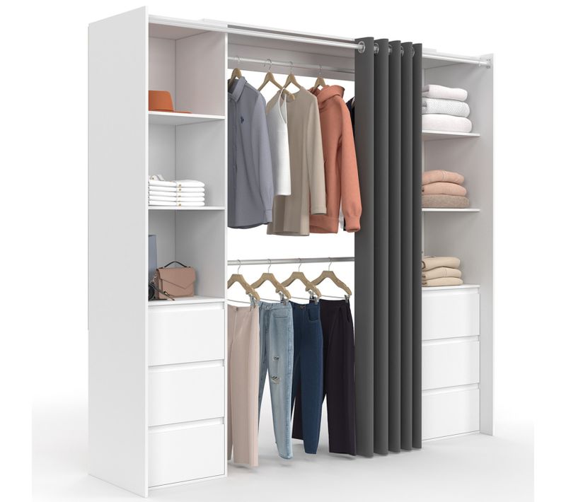 Dressing Extensible Double Meryl 120/180 Cm Blanc Avec 6 Tiroirs + Étagères + Double Penderie + Ride