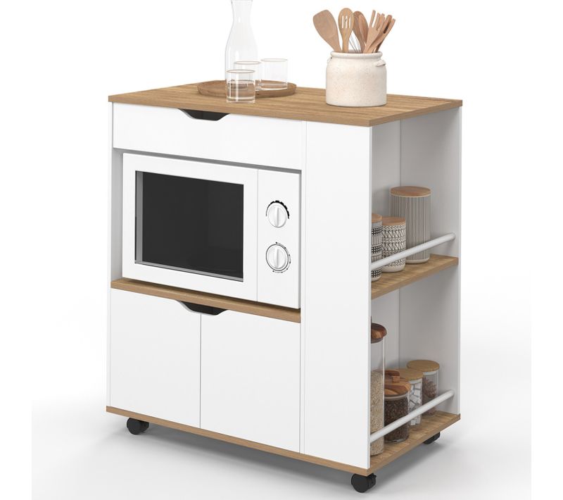 Desserte Micro-onde De Cuisine Cosi Placard Avec Tiroir Et Étagères à Épices Bois Blanc Et Plateaux