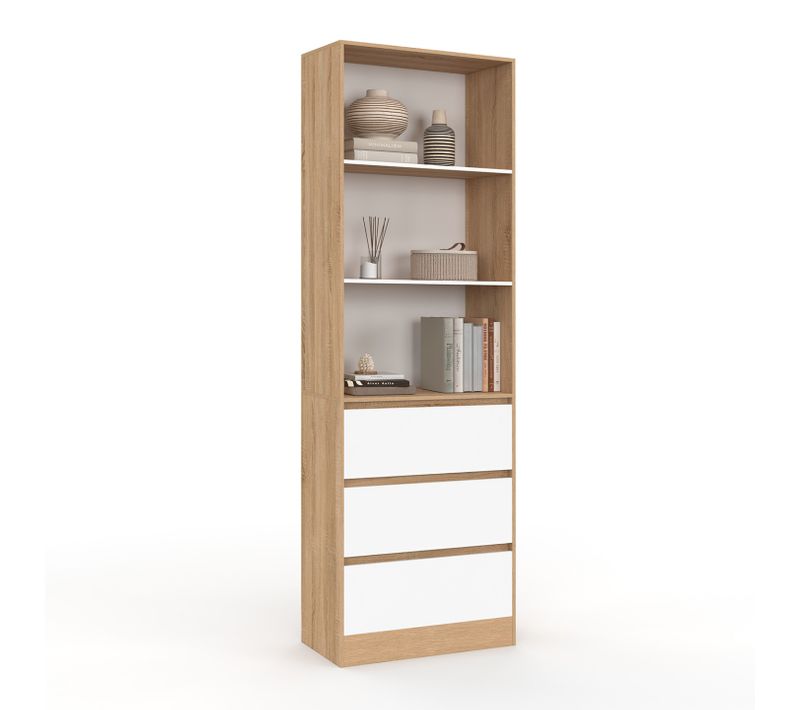 Etagère Bibliothèque Carla 3 Niveaux 3 Tiroirs Blanc Et Effet Bois 190 Cm