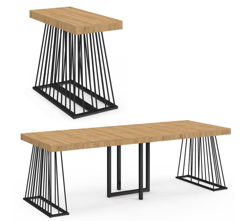 Table Console Extensible Yuna 10 Personnes 235 Cm Plateau Bois Et Pied Filaire En Métal Noir