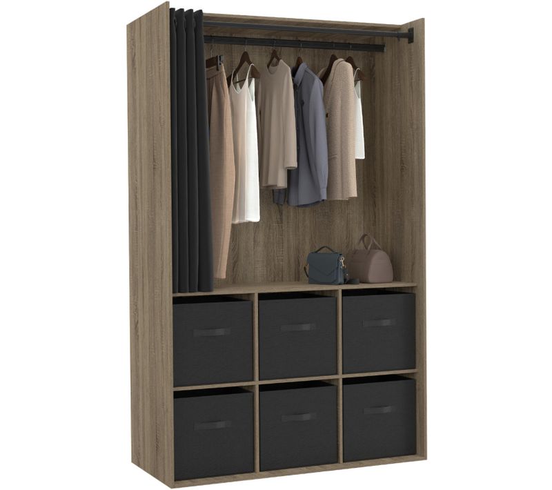 Dressing Penderie Diane 104 X 50 X 172 Cm Hêtre Avec 6 Boites De Rangement + Rideau Noir