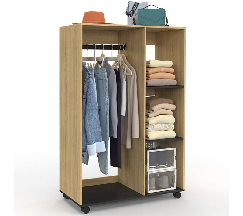 Dressing Penderie Rachel 80 X 40 X 120 Cm à Roulettes Hêtre Et Noir