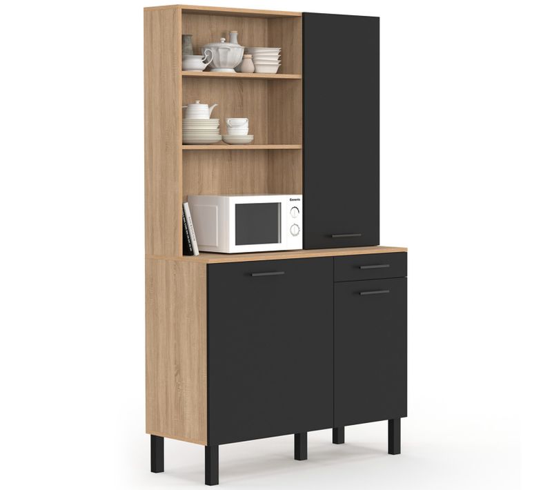 Buffet De Cuisine Avec Colonne De Rangement 100 Cm Cina 3 Portes + Tiroir Façon Hêtre Et Noir