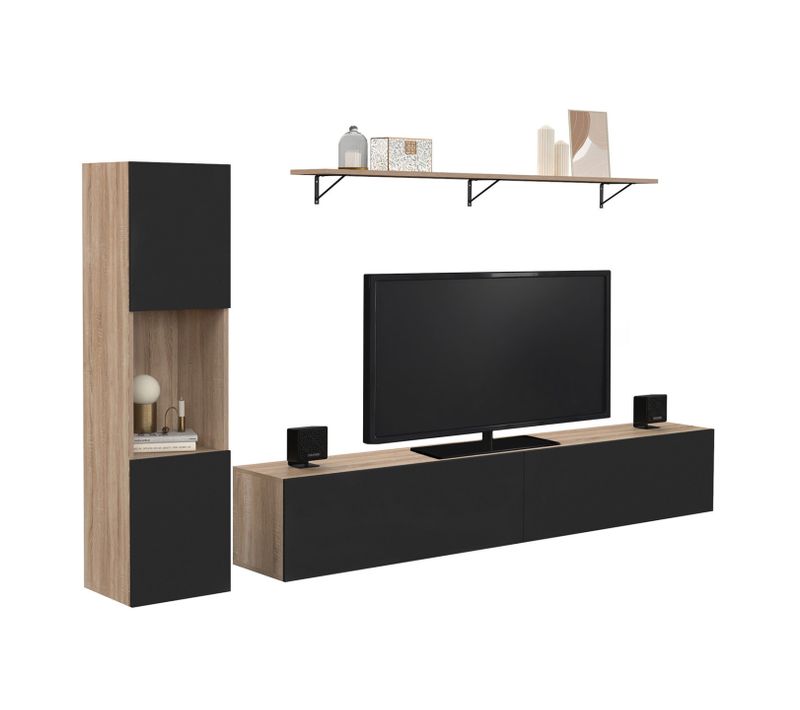 Ensemble Meuble TV 180 Cm Avec Colonne Et étagère Elio Bois Et Noir