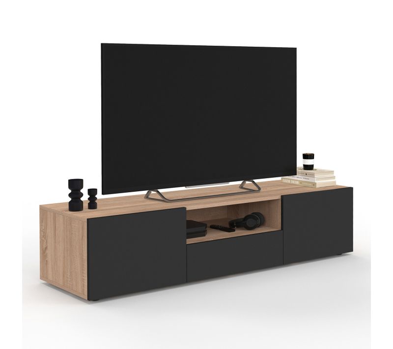 Meuble TV 140 Cm Eli Bois Façon Hêtre Portes Noires
