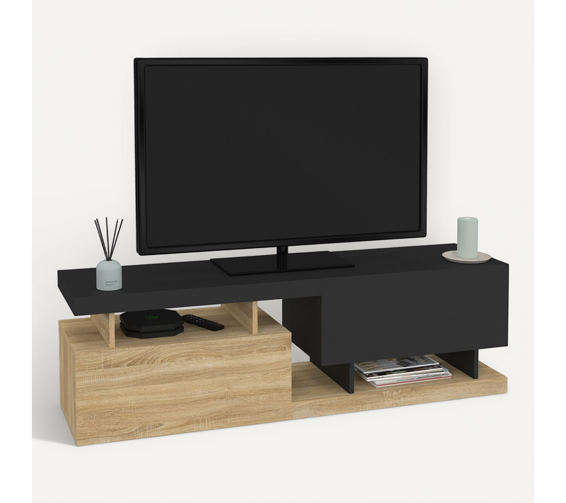 Meuble TV 140 Cm Angulo 2 Portes Effet Bois Et Noir