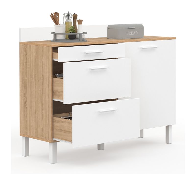 Buffet Bas De Cuisine 120 Cm Casserolier Cina Plan De Travail H.83 Cm 1 Porte + 3 Tiroirs Façon Hêtr