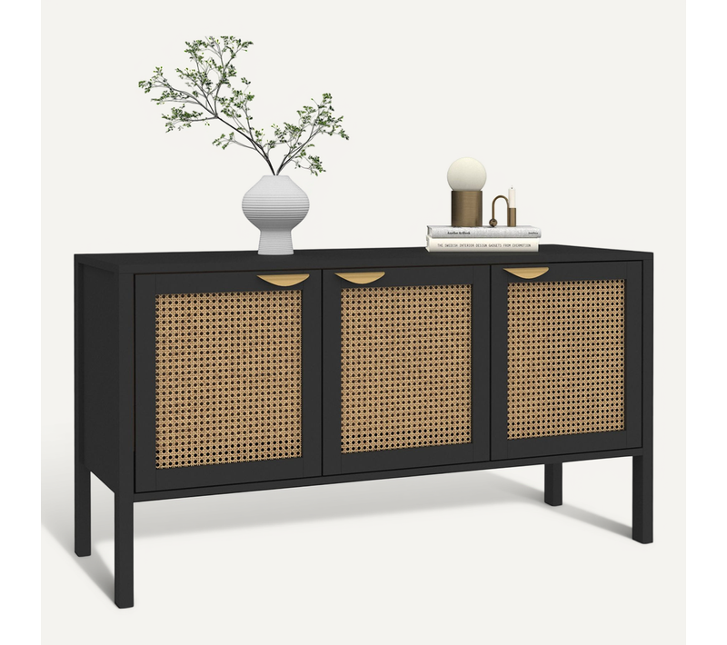 Buffet Bas 110 Cm Edhen 3 Portes Bois Noir Et Cannage