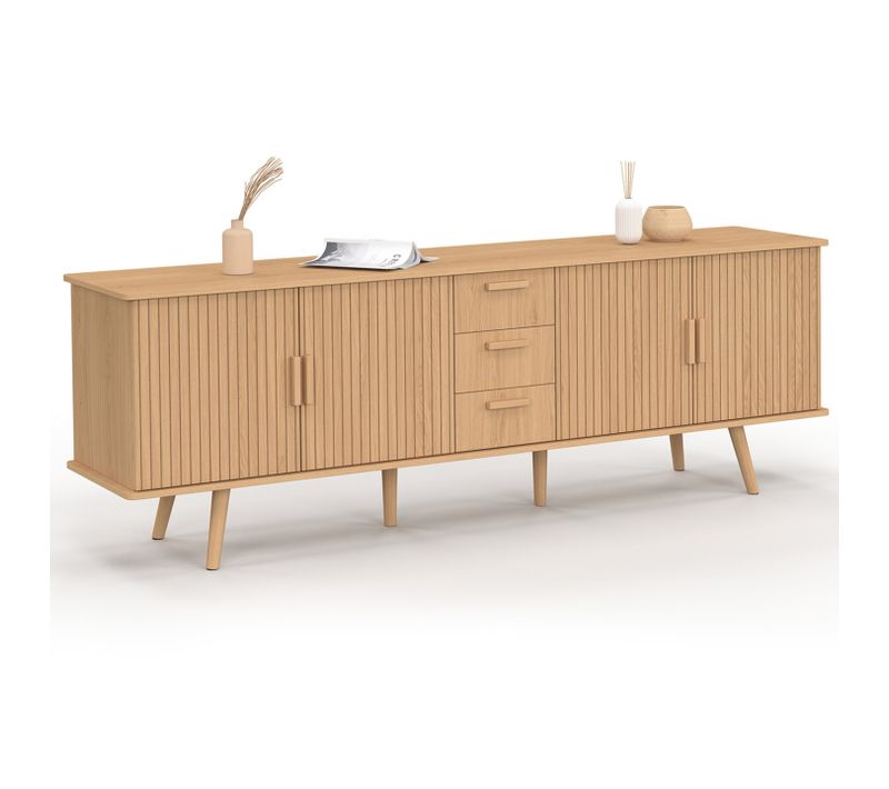 Buffet 180 Cm Juliette XXL 4 Portes Et 3 Tiroirs Effet Lattes Tasseau Bois