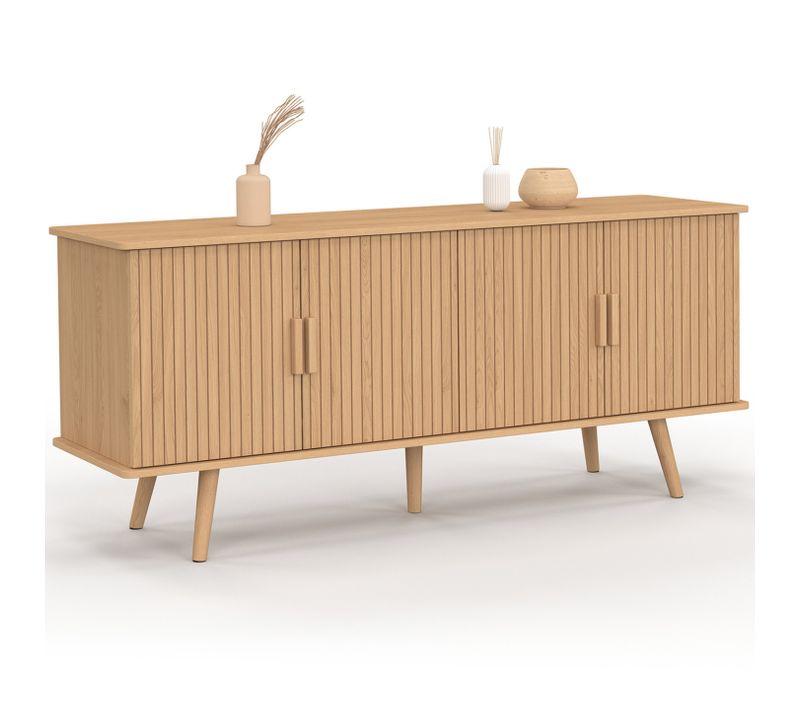 Buffet 140 Cm Juliette 4 Portes Lattes Tasseau Bois Coloris Chêne