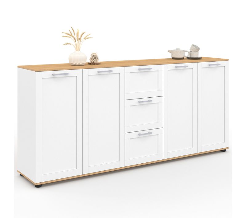 Buffet 180 Cm Vito XXL 4 Portes Avec 3 Tiroirs Bois Et Blanc