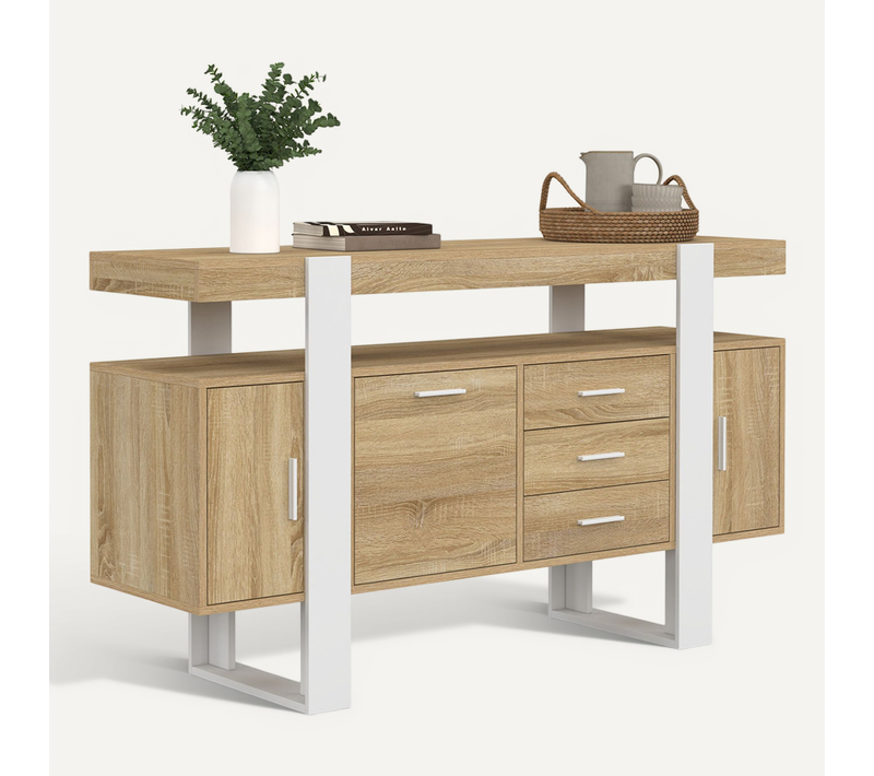 Buffet 140 Cm Phoenix 3 Portes Et 3 Tiroirs Bois Et Blanc