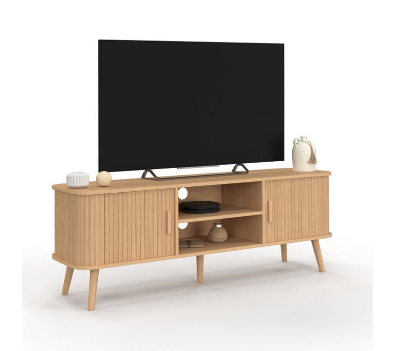 Meuble TV 140 Cm Romie 2 Portes Coulissantes Lattes Tasseau Bois Coloris Chêne