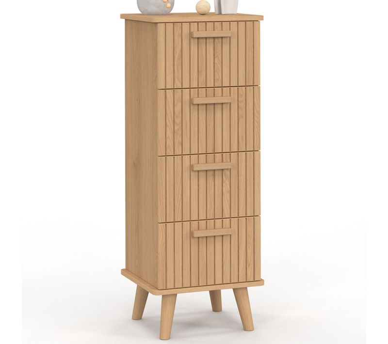 Meuble D'appoint 4 Tiroirs Juliette 30 Cm Chiffonnier Effet Lattes Tasseau Bois Coloris Chêne