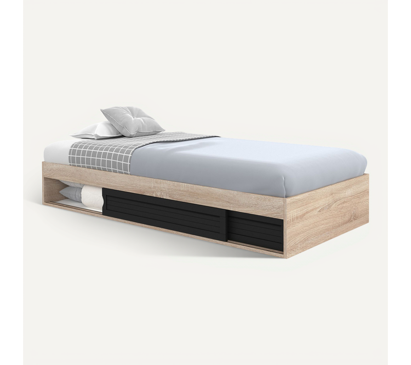 Cadre De Lit Simple Salem Avec Rangement Et Sommier 90 X 190 Cm Façon Hêtre Et Noir