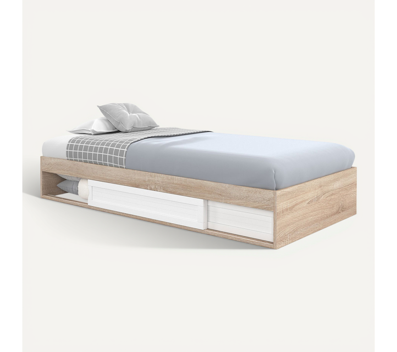 Cadre De Lit Simple Salem Avec Rangement Et Sommier 90 X 190 Cm Façon Hêtre Et Blanc