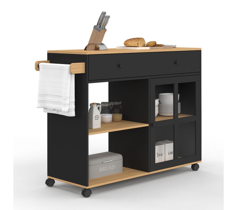 Desserte De Cuisine Achille XXL Avec étagère Et Placard Vitré Bois Et Noir L. 100 Cm