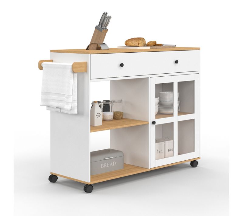 Desserte De Cuisine Achille XXL Avec étagère Et Placard Vitré Bois Et Blanc L.100 Cm