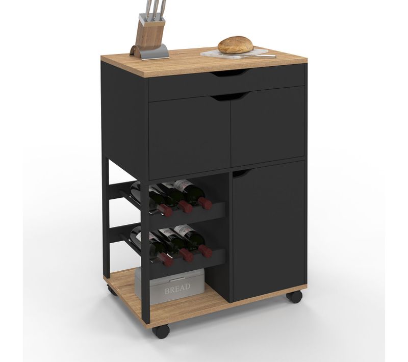 Desserte De Cuisine Cosy Avec Placards Et Range Bouteilles Bois Et Noir