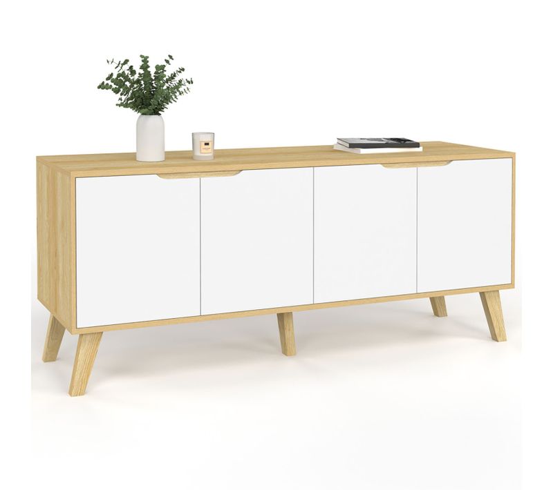 Buffet Bas Scandinave 140 Cm Finn  4 Portes Blanc Et Bois Façon Hêtre