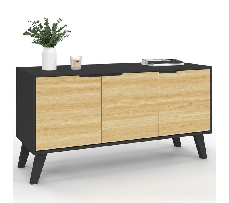 Buffet Bas Scandinave 113 Cm Finn 3 Portes Noir Et Bois Façon Hêtre
