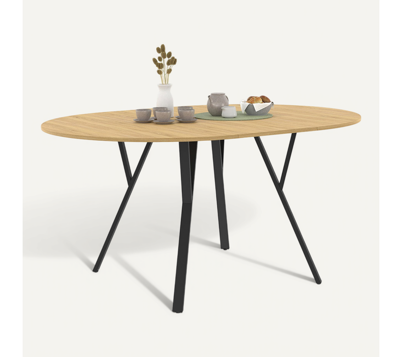 Table à Manger Extensible Ronde Yseult 4-8 Personnes Bois Et Noir Design Industriel 110-150 Cm