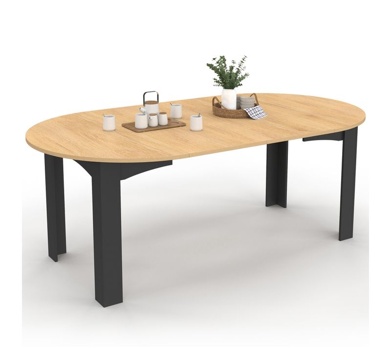 Table à Manger Extensible Ronde Dona 4-10 Personnes Noire Plateau Façon Hêtre 110-200 Cm