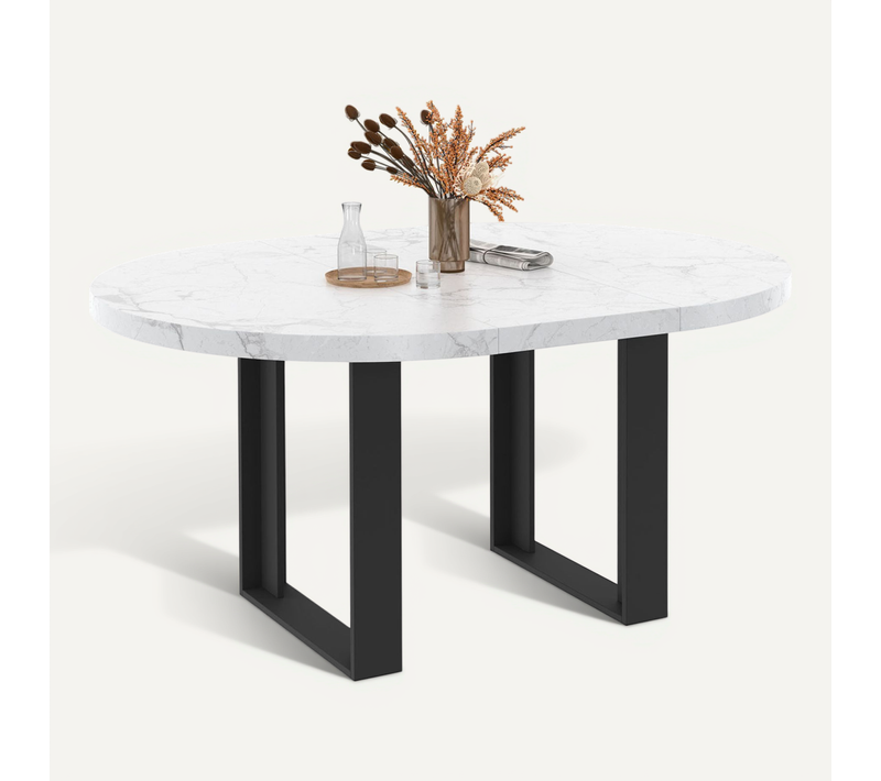 Table à Manger Extensible Ronde Phoenix 4-6 Personnes Plateau Effet Marbre Blanc Alaska 110-150 Cm