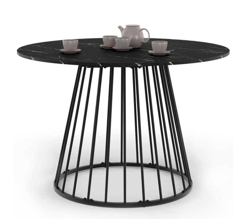 Table à Manger Ronde Yuna 6 Personnes Plateau Effet Marbre Noir Alaska Et Pied Filaire En Métal Noir