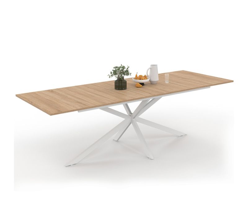 Table à Manger Extensible Rectangle Alix 8-12 Personnes Pied Araignée Bois Et Blanc 200-240 Cm