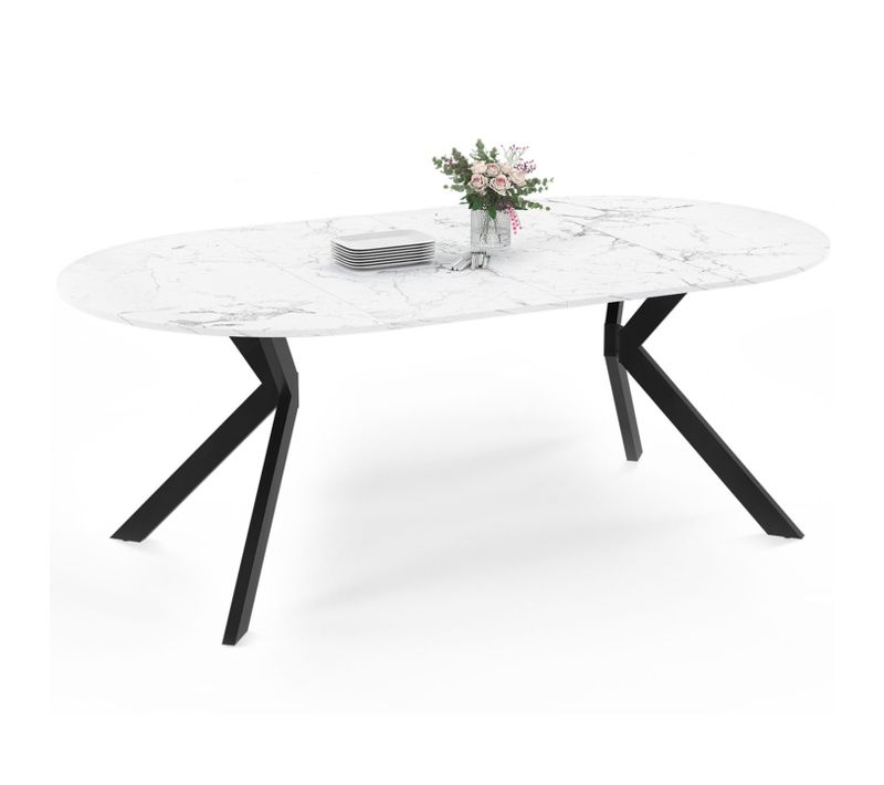 Table à Manger Extensible Ronde Alix 4-10 Personnes Pied Araignée Noir Plateau Effet Marbre Blanc Al