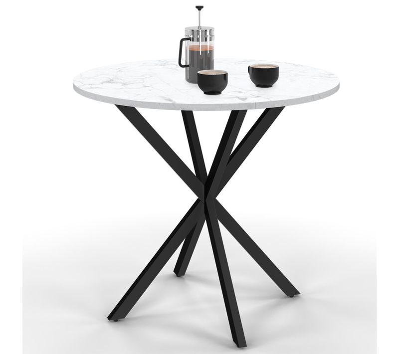 Table à Manger Ronde Alix 4 Personnes Pied Araignée Noir Plateau Effet Marbre Blanc Alaska 80 Cm