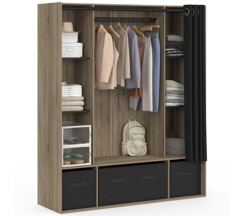 Dressing Penderie Diane 140 X 45 X 167 Cm Hêtre Avec Étagères + Boites De Rangement + Rideau Noir