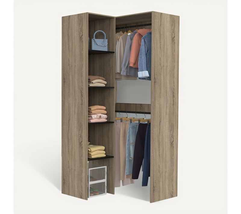 Dressing D'angle Modulable L. 90 / 127 Cm Melman Double Penderie + étagères Bois Et Noir