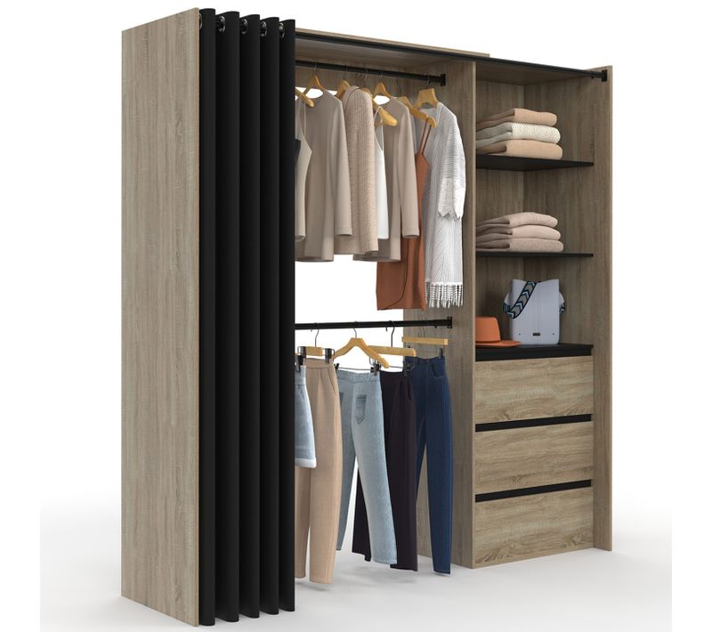 Dressing Extensible Marty 120/170 X 50 X 180 Cm Hêtre Avec 3 Tiroirs + Étagères + Double Penderie +