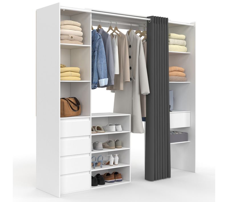 Dressing Extensible Double XXL Meryl 120/180 Cm Blanc Avec Tiroirs + étagères + Penderie + Rideau Gr