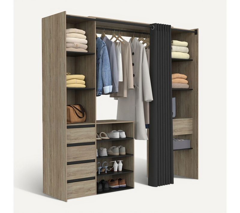 Dressing Extensible Double XXL Meryl 120/180 Cm Hêtre Avec Tiroirs + étagères + Penderie + Rideau No